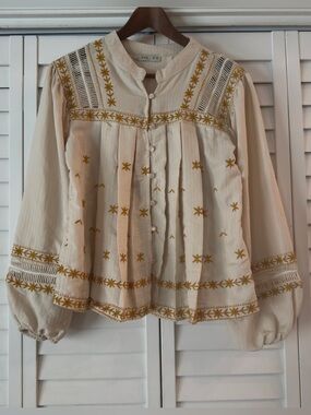 by_ESQ Women's Ecru Classic Floral Embroidery Cotton Woven Blouse - Size S